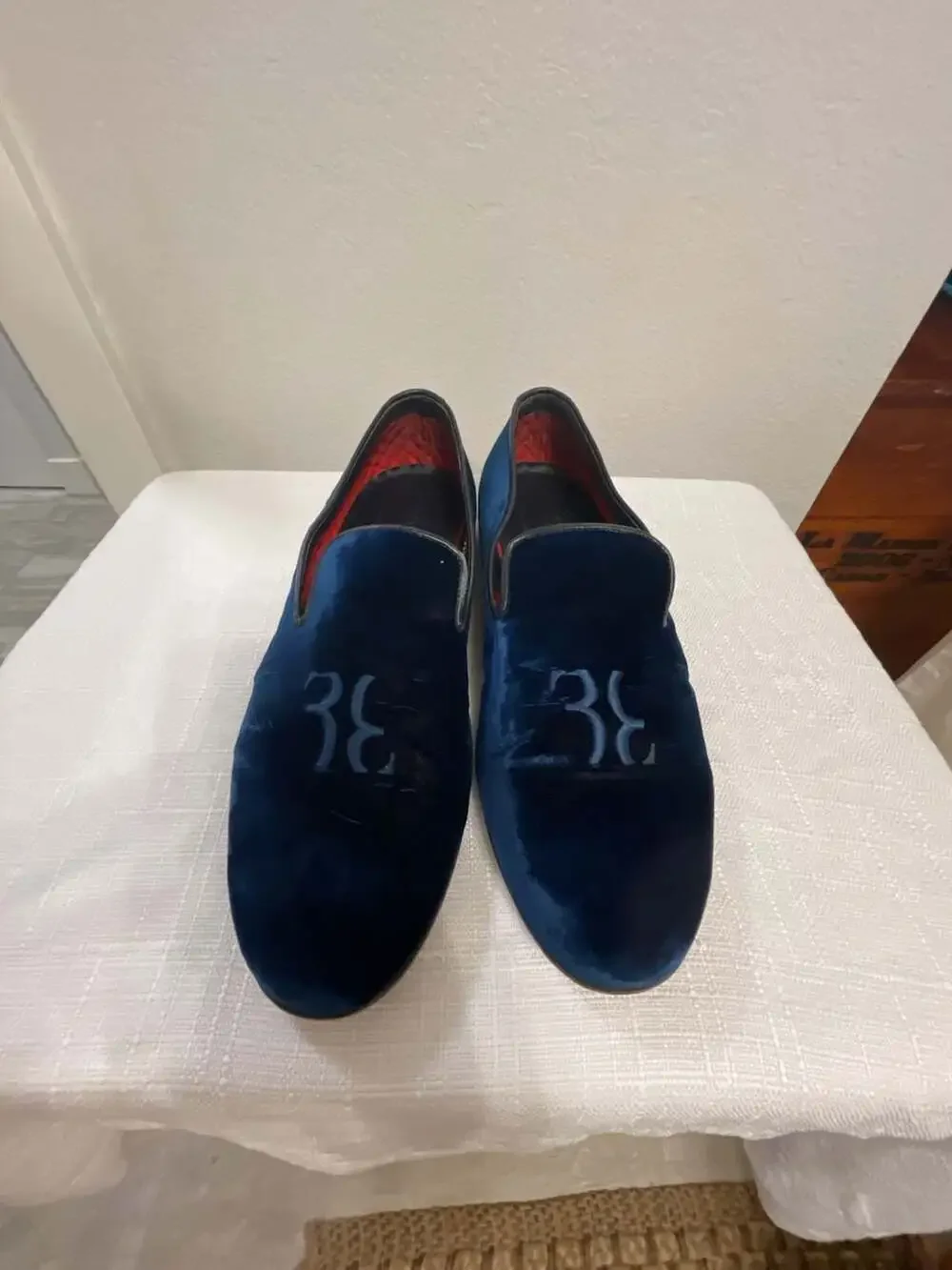 Billionaire Italian Couture Navy Velvet Monogram Loafers Angelo Galasso Size 43